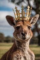 A crowned kangaroo poses proudly outdoors in a grassy field under a bright, cloudy sky during the afternoon light photo