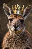 A crowned kangaroo poses proudly outdoors in a grassy field under a bright, cloudy sky during the afternoon light photo