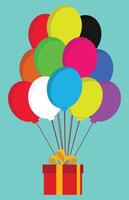 Red Gift Box with Yellow Ribbon Tied to Colorful Balloons with Straight String on White Background vector