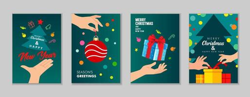 Happy New Year 2025 and Merry Christmas greeting cards set. Colorful design with 3D graphic elements vector