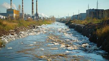 A polluted river flows through an industrial area, highlighting the environmental impact of factories. photo