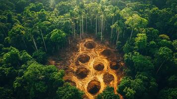 Aerial view of deforestation in a lush green rainforest. photo