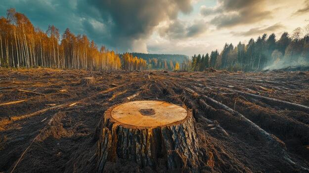 A lone tree stump in a cleared forest, a stark reminder of deforestation. photo