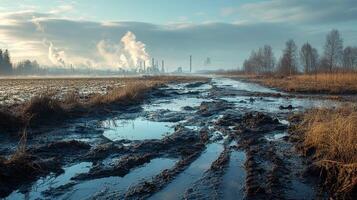 Muddy road with puddles and industrial smoke in the distance. photo