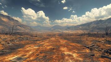 A desolate landscape after a wildfire, with scorched earth and mountains in the background. photo