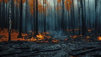 A forest fire burns in the undergrowth of a dense forest, sending smoke into the air. photo