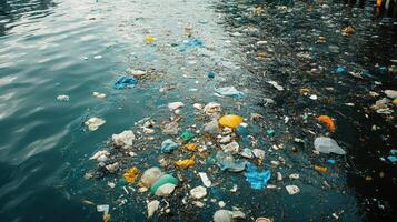 Plastic pollution litters the surface of the water, a stark reminder of our impact on the environment. photo