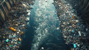 A river choked with plastic and other debris, a stark reminder of pollution. photo