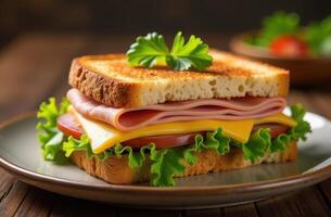 National Sandwich Day. Traditional sandwich made from slices of toasted bread, cheese, ham, fresh lettuce on plate photo