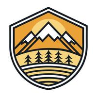 T-shirt print featuring a pyramid of mountains with sunset and sky view. vector