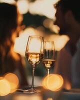 Two wine glasses on a table, a blurred couple gazing at each other in the background, soft evening glow photo