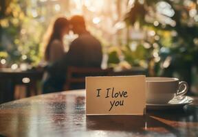 A handwritten note saying I love you on a coffee table, blurred couple holding each other in the background, early morning sunlight photo