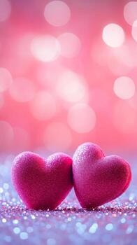 Two plush hearts resting together on a glittery surface, dreamy heart-shaped bokeh and soft lighting in the background, romantic pink and red color scheme photo