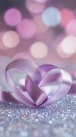 Two intertwined hearts created from delicate satin ribbon, placed on a silver glittering surface with soft pink and purple bokeh in the background photo