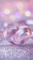 Two intertwined hearts created from delicate satin ribbon, placed on a silver glittering surface with soft pink and purple bokeh in the background photo