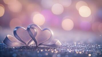 Two intertwined hearts created from delicate satin ribbon, placed on a silver glittering surface with soft pink and purple bokeh in the background photo