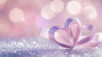 Two intertwined hearts created from delicate satin ribbon, placed on a silver glittering surface with soft pink and purple bokeh in the background photo