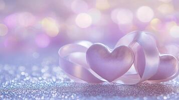 Two intertwined hearts created from delicate satin ribbon, placed on a silver glittering surface with soft pink and purple bokeh in the background photo