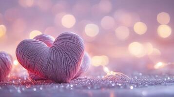 Romantic hearts made from fabric placed on glittering surface, surrounded by sparkling fairy lights and gentle heart-shaped bokeh, light pink and purple tones photo
