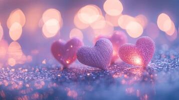 Romantic hearts made from fabric placed on glittering surface, surrounded by sparkling fairy lights and gentle heart-shaped bokeh, light pink and purple tones photo