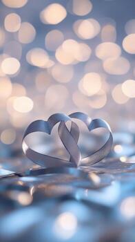 A pair of ribbon hearts forming elegant curves on a silver sparkling surface, gentle light bokeh with romantic heart shapes in the background, calm pastel hues photo