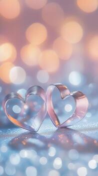 A pair of ribbon hearts forming elegant curves on a silver sparkling surface, gentle light bokeh with romantic heart shapes in the background, calm pastel hues photo