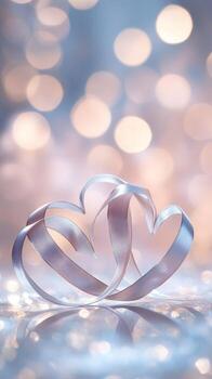 A pair of ribbon hearts forming elegant curves on a silver sparkling surface, gentle light bokeh with romantic heart shapes in the background, calm pastel hues photo