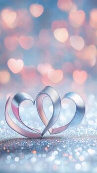 A pair of ribbon hearts forming elegant curves on a silver sparkling surface, gentle light bokeh with romantic heart shapes in the background, calm pastel hues photo