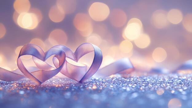 A pair of ribbon hearts forming elegant curves on a silver sparkling surface, gentle light bokeh with romantic heart shapes in the background, calm pastel hues photo