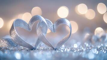 A pair of ribbon hearts forming elegant curves on a silver sparkling surface, gentle light bokeh with romantic heart shapes in the background, calm pastel hues photo