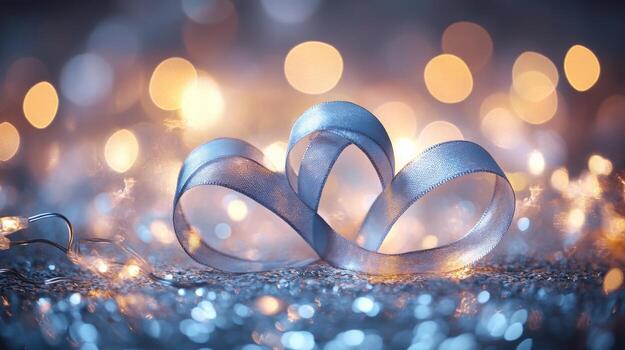 A delicate ribbon twisted into two heart shapes, set against a shimmering silver background, surrounded by glowing heart bokeh and fairy lights, subtle romantic tones photo