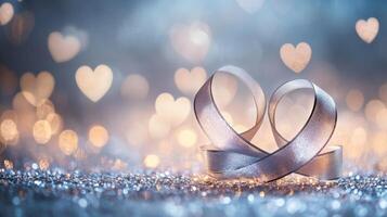A delicate ribbon twisted into two heart shapes, set against a shimmering silver background, surrounded by glowing heart bokeh and fairy lights, subtle romantic tones photo