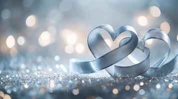 A delicate ribbon twisted into two heart shapes, set against a shimmering silver background, surrounded by glowing heart bokeh and fairy lights, subtle romantic tones photo