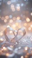 A delicate ribbon twisted into two heart shapes, set against a shimmering silver background, surrounded by glowing heart bokeh and fairy lights, subtle romantic tones photo