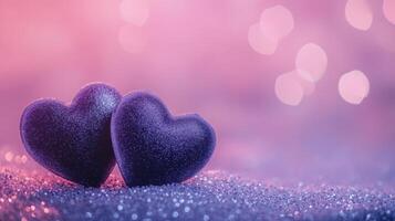 Two soft velvet hearts resting on a sparkling glitter surface, surrounded by glowing heart bokeh in the background, dreamy atmosphere with pink and purple tones photo