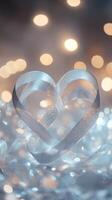 A delicate ribbon twisted into two heart shapes, set against a shimmering silver background, surrounded by glowing heart bokeh and fairy lights, subtle romantic tones photo