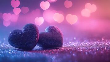Two soft velvet hearts resting on a sparkling glitter surface, surrounded by glowing heart bokeh in the background, dreamy atmosphere with pink and purple tones photo