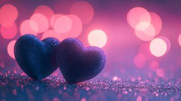 Two soft velvet hearts resting on a sparkling glitter surface, surrounded by glowing heart bokeh in the background, dreamy atmosphere with pink and purple tones photo