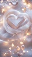 A delicate ribbon twisted into two heart shapes, set against a shimmering silver background, surrounded by glowing heart bokeh and fairy lights, subtle romantic tones photo
