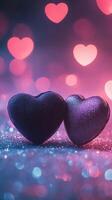 Two soft velvet hearts resting on a sparkling glitter surface, surrounded by glowing heart bokeh in the background, dreamy atmosphere with pink and purple tones photo