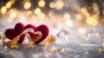 Intertwined red hearts made from ribbon resting on a silver sparkling floor with golden heart-shaped bokeh and fairy lights, dreamy and romantic tones photo