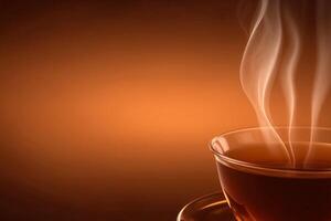 Cup of hot tea with smoke on brown background. Copy space. photo