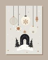 stylish simple christmas card with dark building and tree toys in minimalist style. graphic art for xmas greetings vector