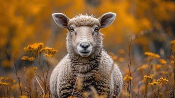 a close up of a sheep in a field of flowers photo