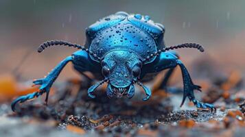 a close up of a blue bug on the ground photo