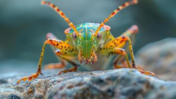 a close up of a colorful insect on a rock photo