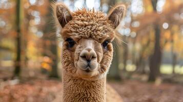 a close up of a llama in a forest photo