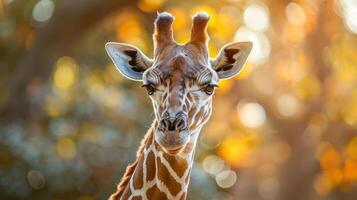 a close up of a giraffe's face with trees in the background photo
