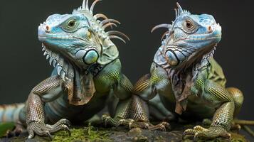 two large lizards sitting on top of a rock photo