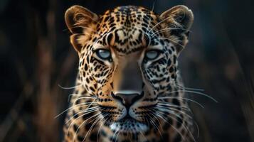 a close up of a leopard's face with a blurry background photo